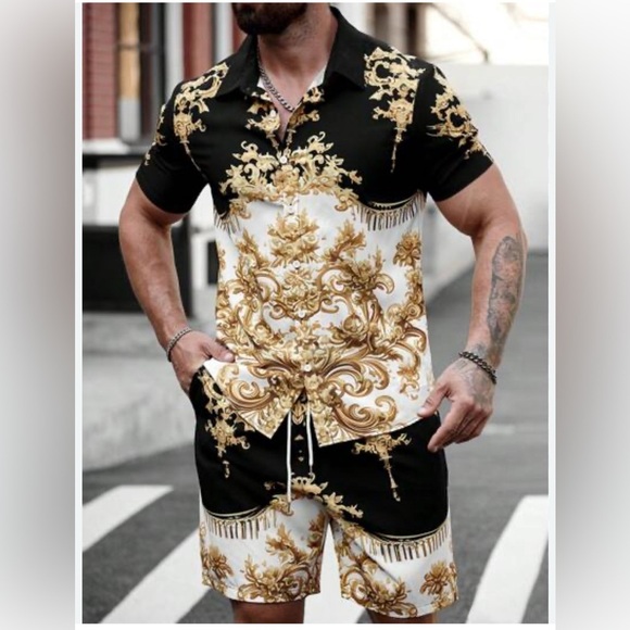 Shein Manfinity Baroque Gold Print Men’s XXL Shirt & Short Set Luxury Statement - Picture 3 of 16